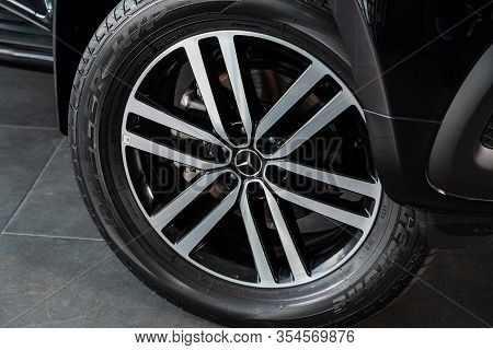 Novosibirsk, Russia - March 06, 2020:  Mercedes-benz X-class,  Car Wheel With Alloy Wheel And New Ru