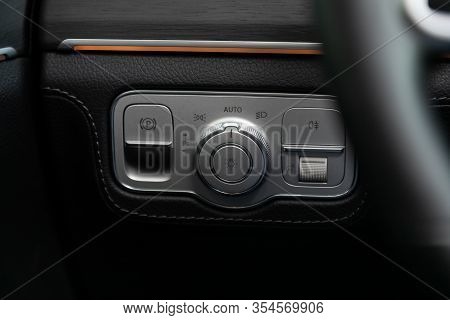 Novosibirsk, Russia - March 06, 2020:  Mercedes-benz  Gls-class,  Close-up On The Headlight Switch C