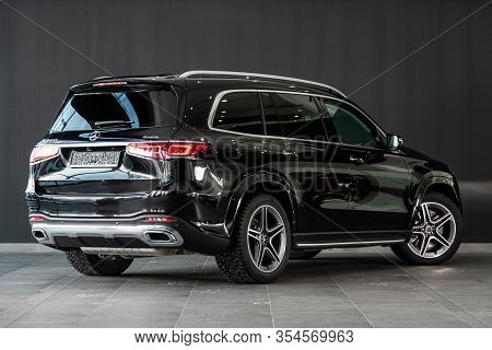 Novosibirsk, Russia - March 06, 2020:  New Black Mercedes-benz  Gls-class,   Back View.   Luxury  Cr