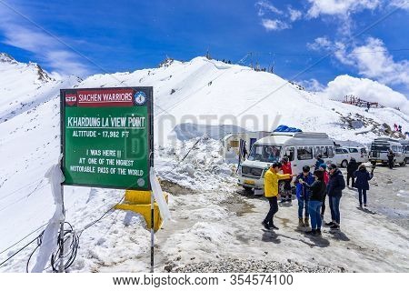 Khardung La Pass, Leh, India - April 15, 2019: The View From High View Point, Many Traveler From Aro