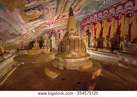 Buddhist Stupa In The Interior Of Ancient Cave Buddhist Temple. Dambulla, Sri Lanka