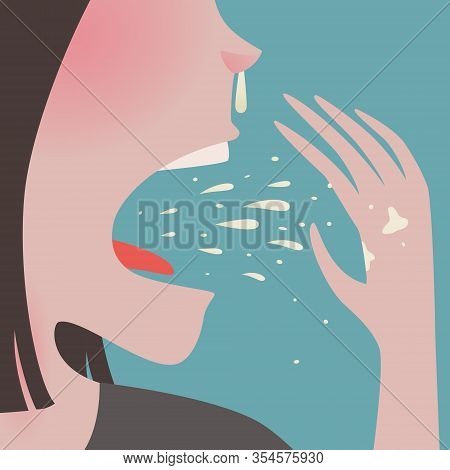 Closeup Of Unhealthy Running Nose Young Woman Coughing With Spit And Saliva Come Out To Her Hand Cov