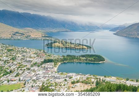Aerial View, Queentown City Downtown, New Zealand Cityscape