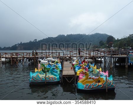 Tabanan Bali, Indonesia - August 24, 2019: Duck Paddled Boats For Rent At Beratan Lake In Bedugul Ba