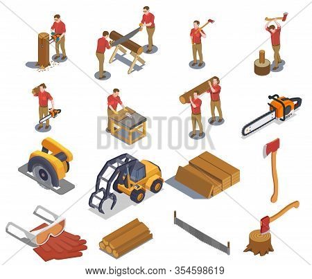 Sawmill Timber Mill Lumberjack Isometric Set With Isolated Human Characters And Icons Of Tools Profe