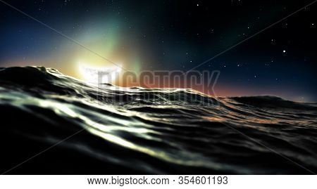 Half Moon Floating In The Ocean. Dark High Contrast Night Scene.