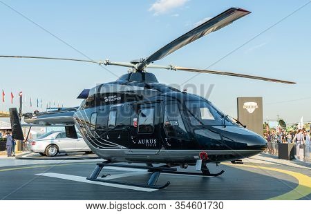 August 30, 2019 Zhukovsky, Russia. The Ansat Helicopter In The Aurus Design At The Maks-2019 Interna