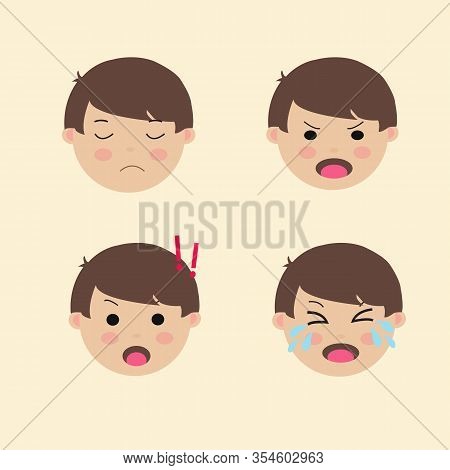 Set Cute Boy Emoticon Negative Emotion Vector