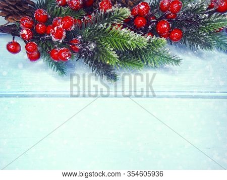 Winter Christmas Background With Fir Branches Cones And Snow On Blue ...