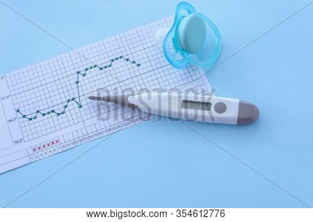 Pregnancy Planning. Measurement Of Basal Body Temperature. Thermometer, Nipple, Temperature Graph On