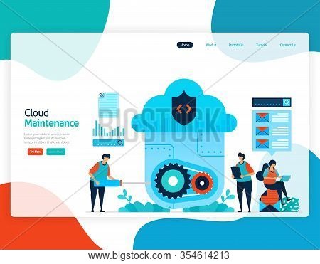 Homepage Landing Page Vector Flat Illustration Of Cloud Maintenance. Repair And Maintenance Of Cloud