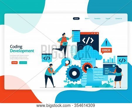 Homepage Landing Page Vector Flat Illustration Of Coding Development. Repair And Maintenance Of Clou