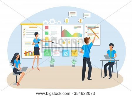 Concept Of Agile Project Management. Scrum Task Board. Team Analyzing Software Development Process. 