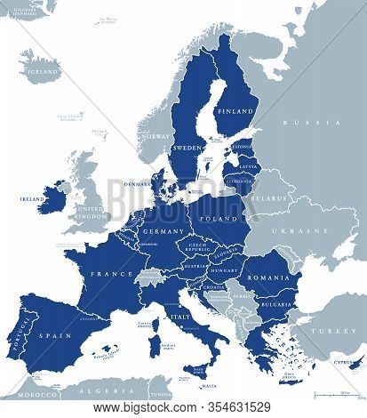 Map Of European Union Member States After Brexit, English Labeling. 27 Eu Member States, After Unite