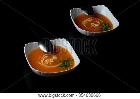 Ingredients For Pumpkin Cream Soup With Parsley And Seeds. Stopmotion Of Pumpkins, Onion, Garlic, Pa