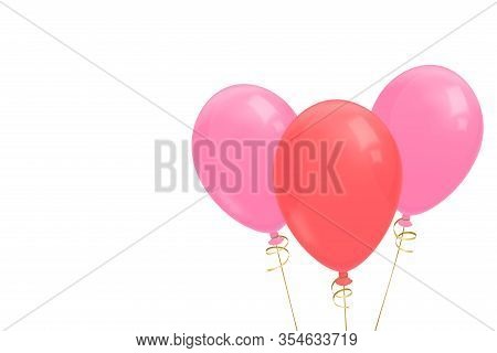 Three Realistic Flying Balloons With Golden Ribbon Illustration. Pink And Red Balloons. Birthday Gre