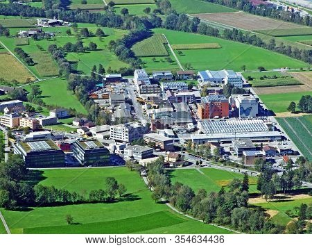 View Of The Industrial Zone In The Balzers Settlement And The Fertile Lowland Fields Of The Rhine Va