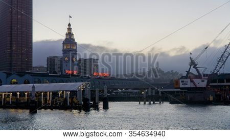San Francisco, Usa - August 2019: Port Of San Francisco In The Evening