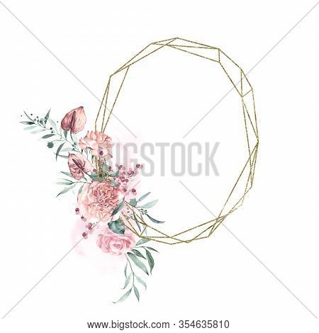 Gold Glitter Geometry Frame With Floral Arrangement. Watercolor Illustration Of Tropical Flowers.