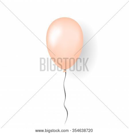 Orange Balloon 3d, Thread, Isolated White Background. Color Glossy Flying Baloon, Ribbon For Birthda