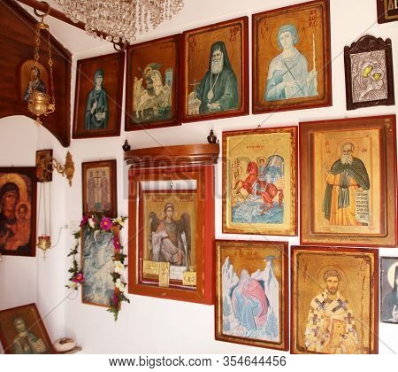 Afandou, Rhodes, Greece - March 08, 2020: Icons In Church Of The Pammegiston Taxiarhon, Afandou, Rho