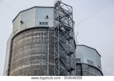 Staircase To The Tower Of A Cement Plant. Industry Building.