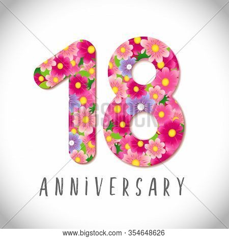 18 Th Anniversary Numbers. 18 Years Old Logotype. Flowery Pink Congrats. Isolated Abstract Graphic D