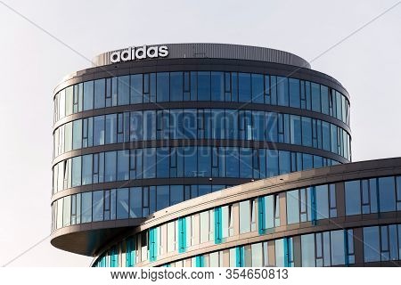 Prague, Czech Republic - March 5 2020: Sportswear Manufacturer Adidas Company Logo On Headquarters B