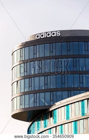 Prague, Czech Republic - March 5 2020: Sportswear Manufacturer Adidas Company Logo On Headquarters B