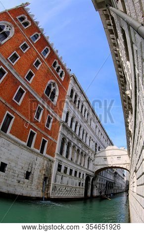 Bridge Of Sighs And Ducal Palace Photographed By Fish Eye Lens In Venice In Northern Italy