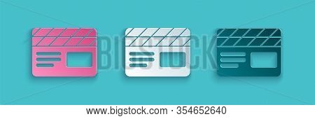 Paper Cut Movie Clapper Icon Isolated On Blue Background. Film Clapper Board. Clapperboard Sign. Cin