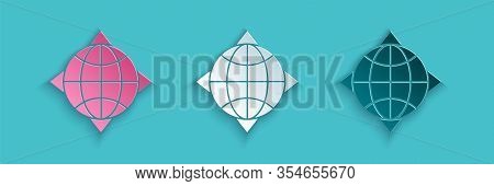 Paper Cut World Globe With Compass Icon Isolated On Blue Background. Paper Art Style. Vector Illustr