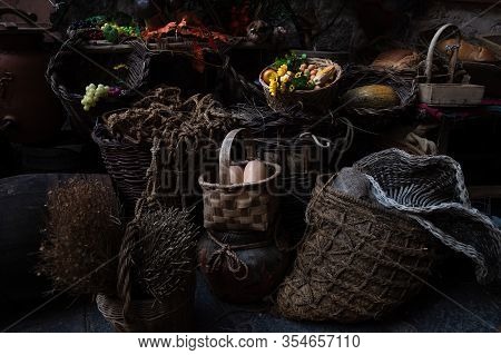 Various Foods In Foreground In Vertical Photo Darkened At Their Edges