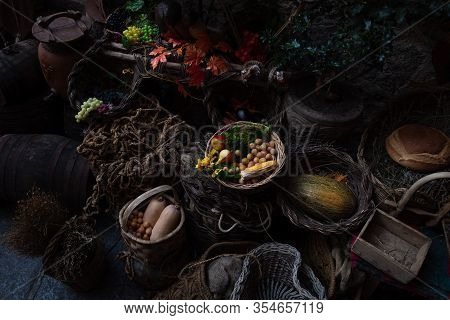 Various Foods In Foreground In Vertical Photo Darkened At Their Edges