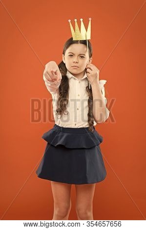 Big Boss Gives Instructions. True Lady. Back To School. Little Girl In Crown Prop Point Finger. Kid 