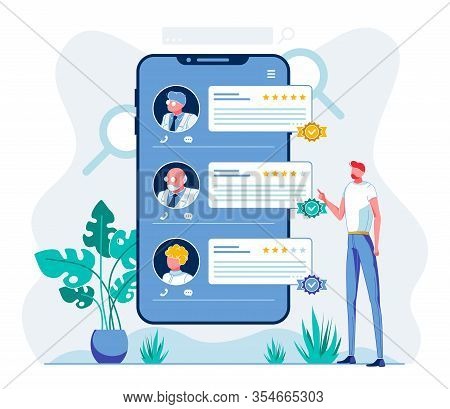E Health Staff Rating Mobile App Illustration. Smartphone Application User Analyzing Hospital Person