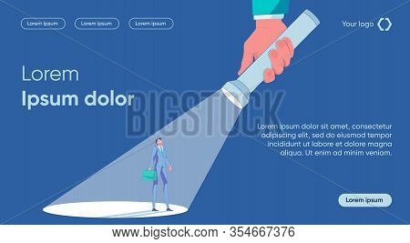 Businessman Character Standing In Flashlight Ray. Human Creative Potential Disclosure, Seeking High-