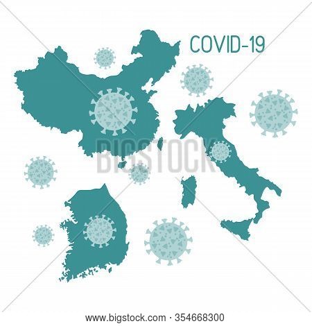 Vector Illustration Map Of China, South Korea, Italy Countries With Highest Number Of People Affecte