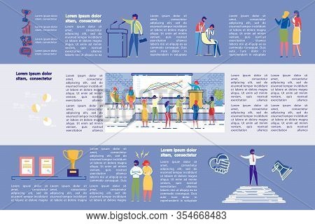 Banner Successful Oratory At Work, Infographic. Men And Women Listen To Speaker From Stage. Woman St