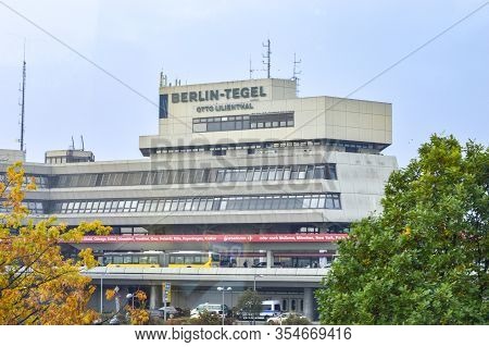 Berlin, Germany, Oct, 2016. The Front View Of Berlin Tegel International Airport In A Cloudy Day.