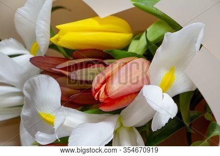 Detail Closeup Fresh Spring Bouquet Of Tulip, Iris, Ruscus On A Gray Background, Selective Focus