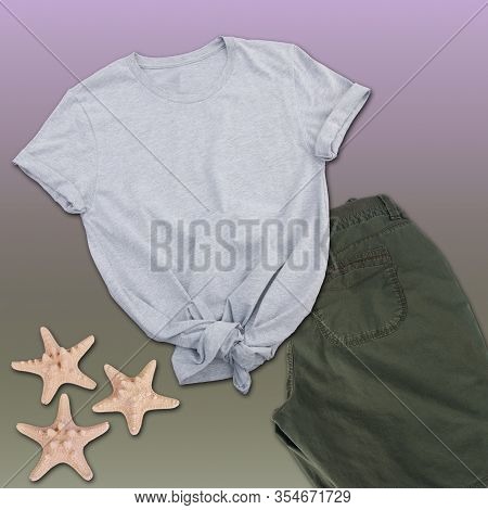 Gray Tshirt Mockup Fashion Still Life With Khaki Green Shorts And Coral Color Starfish.  Styled Prod