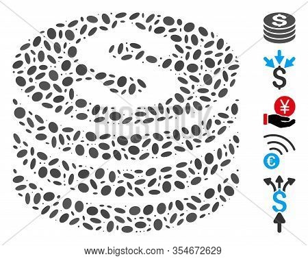 Dot Mosaic Based On Dollar Coin Stack. Mosaic Vector Dollar Coin Stack Is Designed With Randomized E