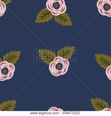 Repeat Flower Pattern. Navy Blue Background. Pink Stylized Roses Flowers. Seamless Floral Retro Patt