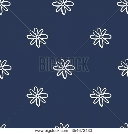 Repeat Flower Pattern. Navy Blue Background. White Daisies. Seamless Floral Simple Pattern. Stylish 