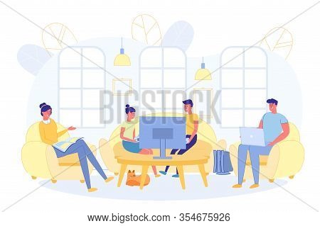 Family Resting Together At Weekend In Living Room. Whole Family Gathered In Spacious Room. Children 