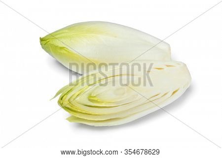 Whole and half fresh raw Belgian endive isolated on white background