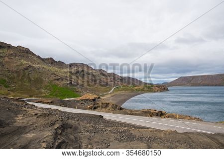 Road Along Lake Kleifarvatn In South Iceland On A Cloudy Summer Day