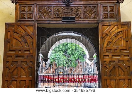 Puebla, Mexico - January 5, 2019  Basilica Wooden Doors La Compania Church Puebla Mexico. Jesuit Chu