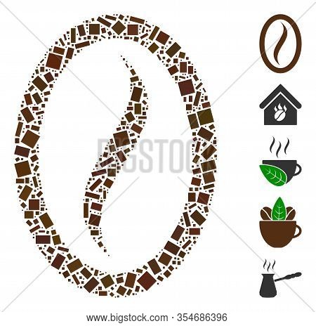 Dot Mosaic Based On Coffee Bean. Mosaic Vector Coffee Bean Is Created With Randomized Rectangle Item